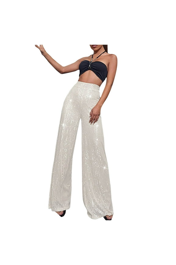 Womens Sequin Flare Pants Sparkly Glitter High Waisted Wide Leg Trousers Elastic Loose Night Out Shiny Pants (L, Silver)