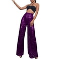 thumbnail image 1 of Womens Sequin Flare Pants Sparkly Glitter High Waisted Wide Leg Trousers Elastic Loose Night Out Shiny Pants (M, Purple), 1 of 4