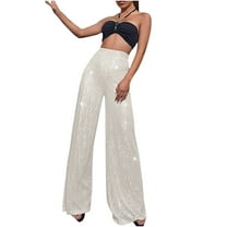 Womens Sequin Flare Pants Sparkly Glitter High Waisted Wide Leg Trousers Elastic Loose Night Out Shiny Pants (XL, Silver)
