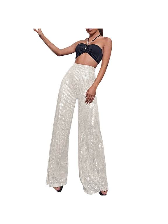 Womens Sequin Flare Pants Sparkly Glitter High Waisted Wide Leg Trousers Elastic Loose Night Out Shiny Pants (XL, Silver)