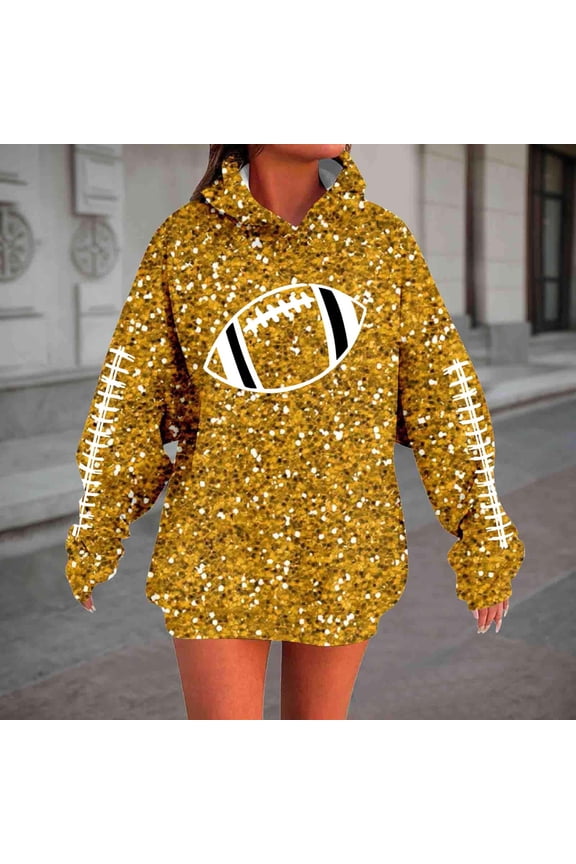 Womens Sequin Football Fashion Hooded Sweatshirt Long Sleeve Print Casual Pullover For Daily Wear And Football Events