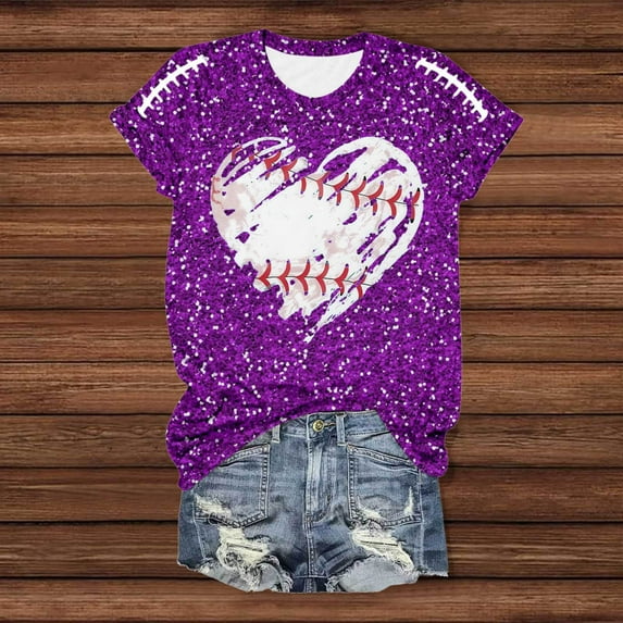 Womens Sequin Football Print T-Shirts 2026 Game Day Casual Loose Short Sleeve Tees Crewneck Vintage Fashion Tops