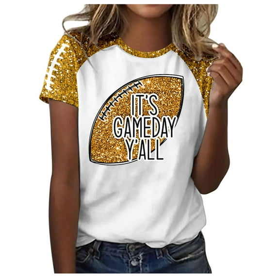 Womens Sequin Football Shirts 2025 Game Day Funny Graphic Short Sleeved Tops Summer Trendy Casual Pullover Tee Blouses