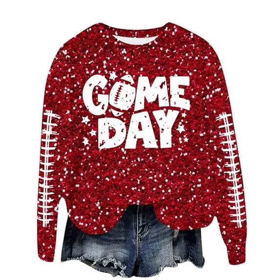 Womens Sequin Football Sweatshirts 2025 Game Day Long Sleeve Baseball Graphic Tops Fall Winter Casual Crew Neck Pullover Blouses