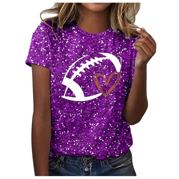 Womens Sequin Football T-Shirts 2025 Game Day Casual Loose Short Sleeve Tees Crewneck Vintage Fashion Tops
