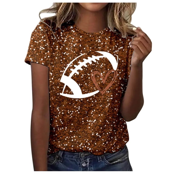 Womens Sequin Football T-Shirts 2025 Game Day Casual Loose Short Sleeve Tees Crewneck Vintage Fashion Tops