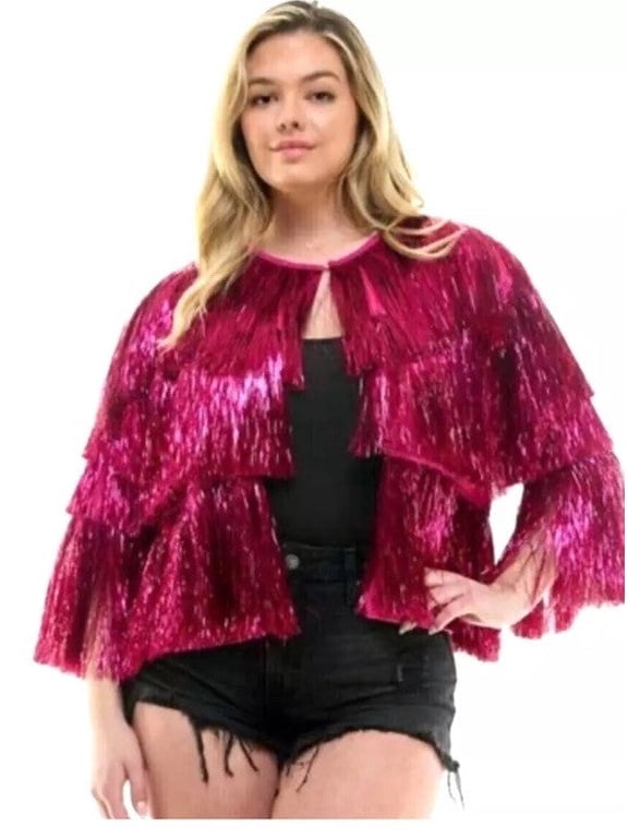 Womens Sequin Fringe Bomber Jacket Sparkly Tassel Hem Long Sleeve Open Front - Adult Plus