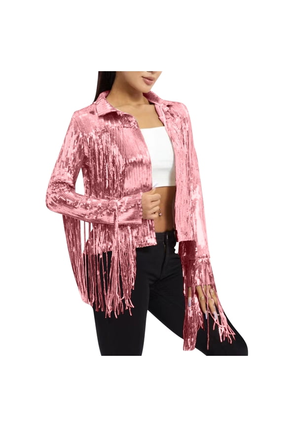 Womens Sequin Fringe Jacket Shiny Glitter Tassel Fringe Long Sleeve Sparkly Jackets Streetwear Coat Black Denim Jacket S