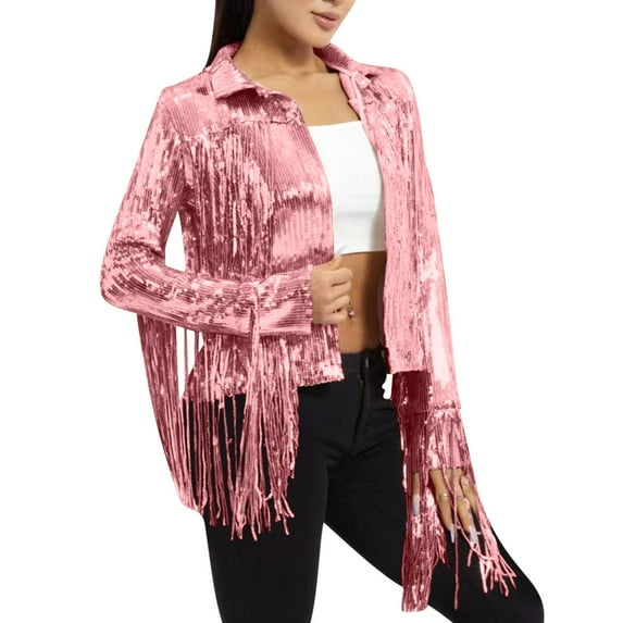 Womens Sequin Fringe Jacket Shiny Glitter Tassel Fringe Long Sleeve Sparkly Jackets Streetwear Coat Black Denim Jacket S