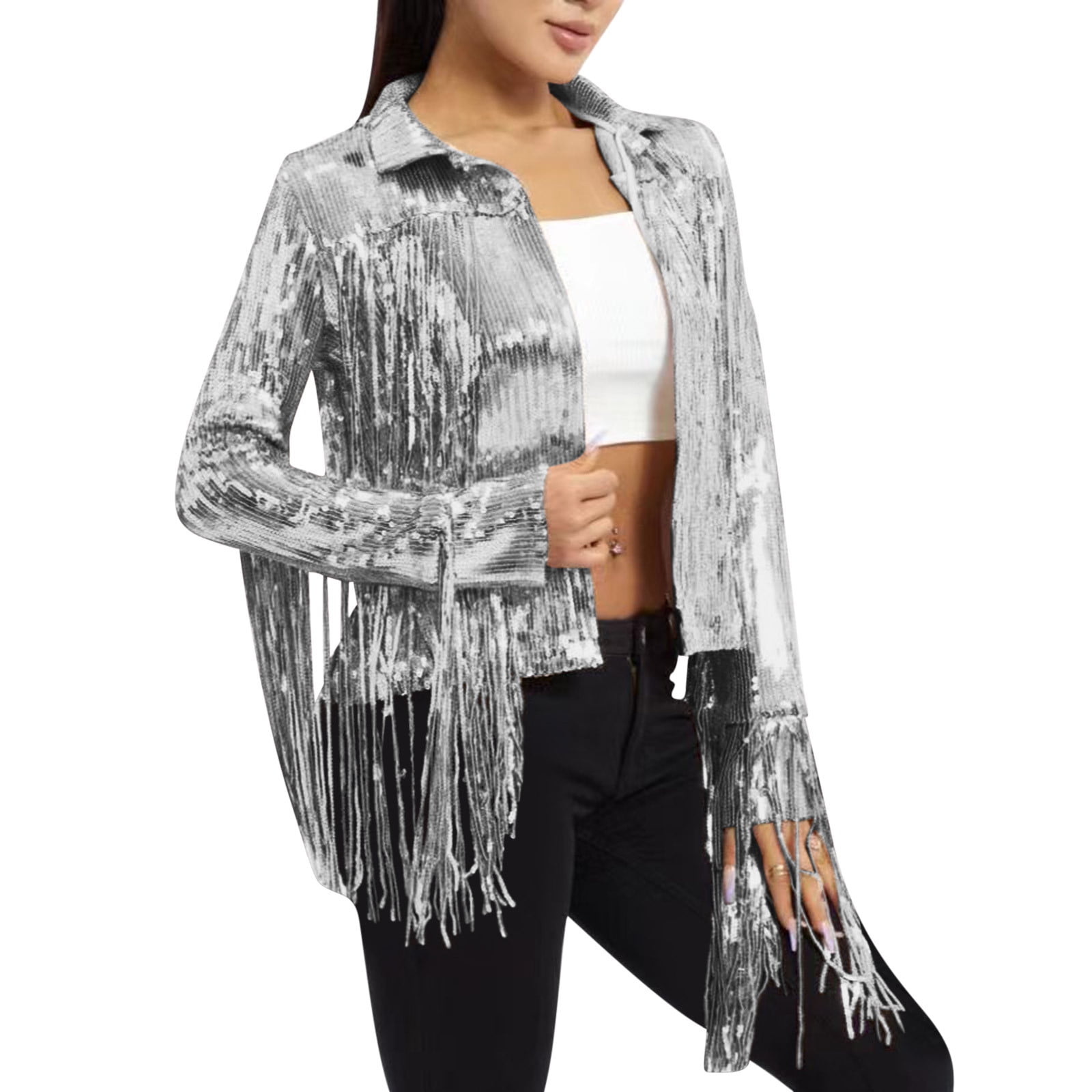Womens Sequin Fringe Jacket Shiny Glitter Tassel Fringe Long