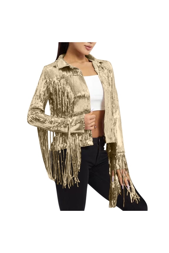Womens Sequin Fringe Jacket Shiny Trends Disco Outfit Theme Y2k 90s Streetwear Jacket Glitter Tassel Coat (S, Gold)