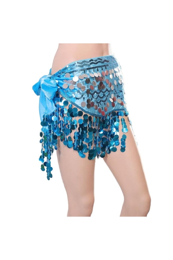 Womens Sequin Fringe Skirts Bell Dance Rave Outfits Sparkly Triangle Hip Scarf Wrap Skirts Blue, Free Size