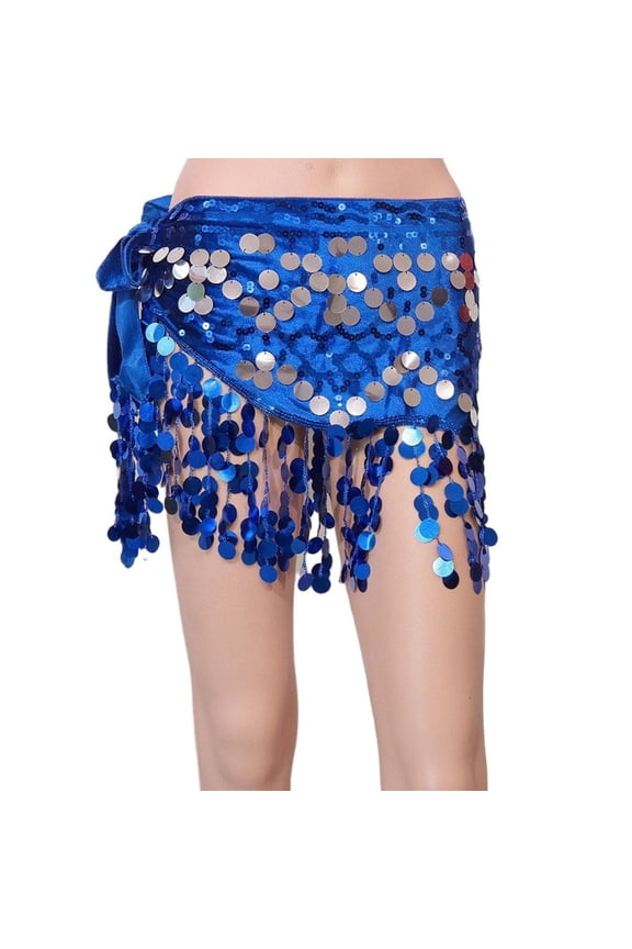 Womens Sequin Fringe Skirts Bell Dance Rave Outfits Sparkly Triangle Hip Scarf Wrap Skirts Dark Blue, Free Size