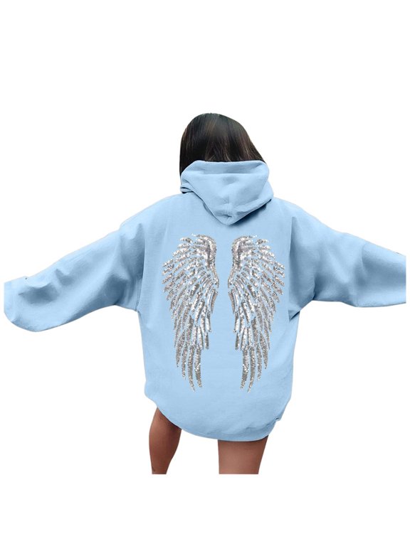 Womens Sequin Graphic Hoodies Angel Wings Print Trendy Y2K Long Sleeve Pullover Tops Baggy Drawstring Sweatshirt with Pocket