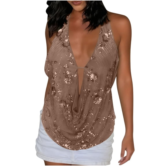 Womens Sequin Halter Sleeves Top Deep V Neck Open Back Beaded Sparkly Glitter Outfit Sexy Going Out Clothes