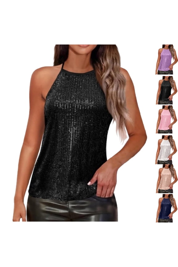 Womens Sequin Halter Top Sleeveless Sparkle Tank Tops Glitter Dressy Shirts Evening Clubwear Cocktail Party Camisole Tops,Black XL