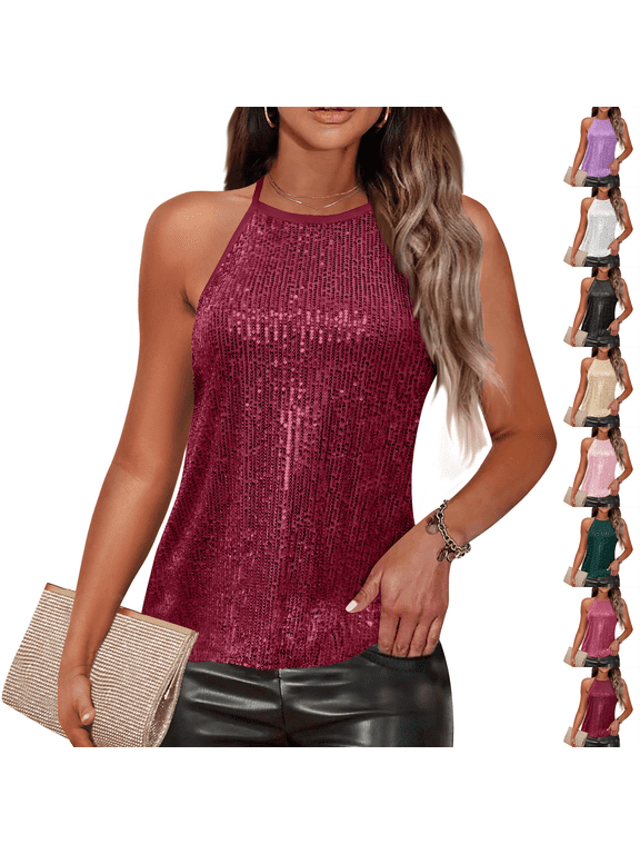Womens Sequin Halter Top Sleeveless Sparkle Tank Tops Glitter Dressy Shirts Evening Clubwear Cocktail Party Camisole Tops