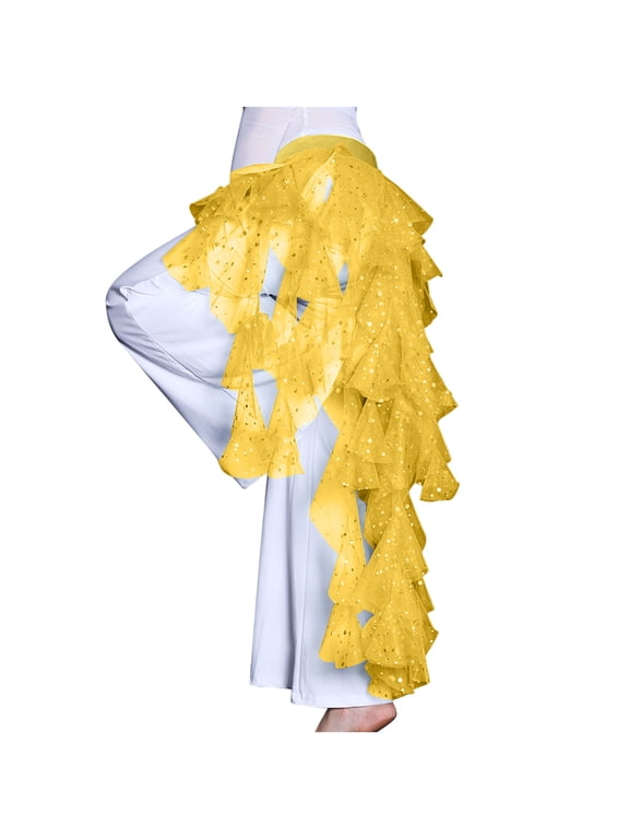 Womens Sequin Hip Scarf Skirts Belly Dance Triangle Waving Cut Tassel Highlight Mesh Skirt Waist Chain Yellow, Free Size