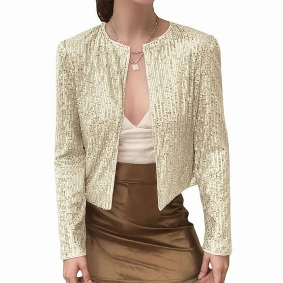Womens Sequin Jacket Casual Long Sleeve Front Party Jacket Champagne Color M