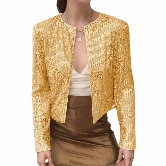Womens Sequin Jacket Casual Long Sleeve Front Party Jacket Gold S
