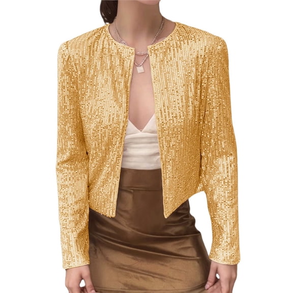 Womens Sequin Jacket Casual Long Sleeve Front Party Jacket Gold XL
