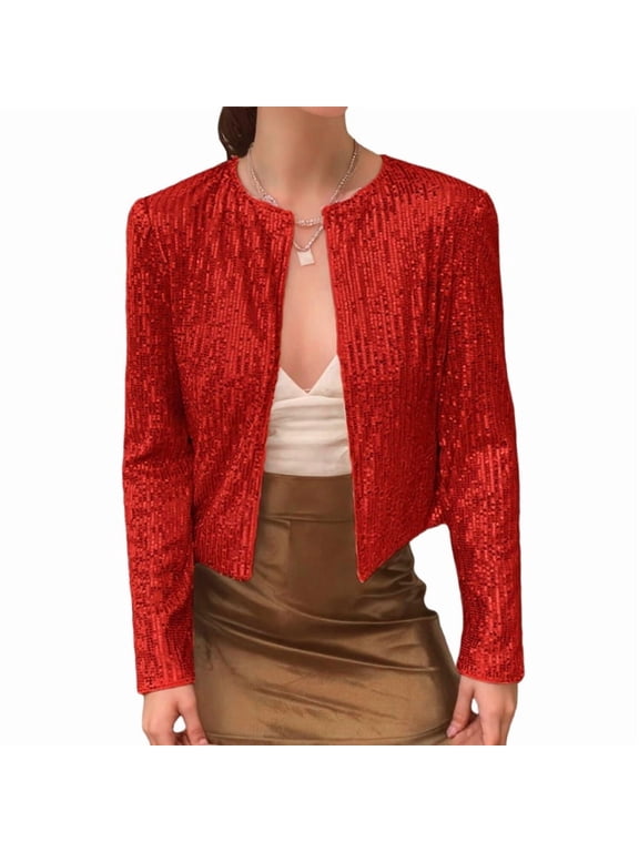 Womens Sequin Jacket Casual Long Sleeve Front Party Jacket Red M