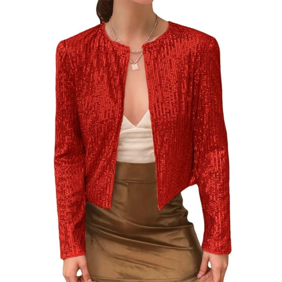 Womens Sequin Jacket Casual Long Sleeve Front Party Jacket Red M