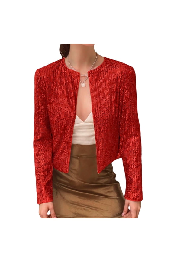 Womens Sequin Jacket Casual Long Sleeve Front Party Jacket Red M