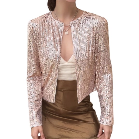 Womens Sequin Jacket Casual Long Sleeve Front Party Jacket Rose Gold M