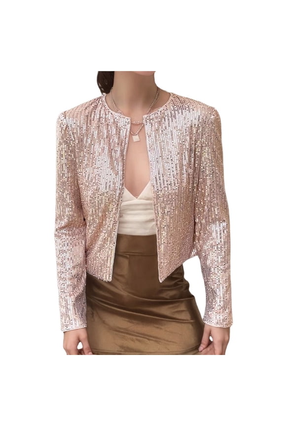 Womens Sequin Jacket Casual Long Sleeve Front Party Jacket Rose Gold XL