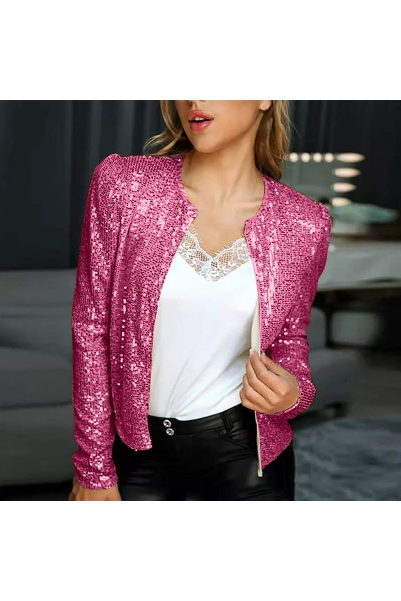 Womens Sequin Jacket Casual Long Sleeve Front Zip Party Bomber Blazer with Pockets