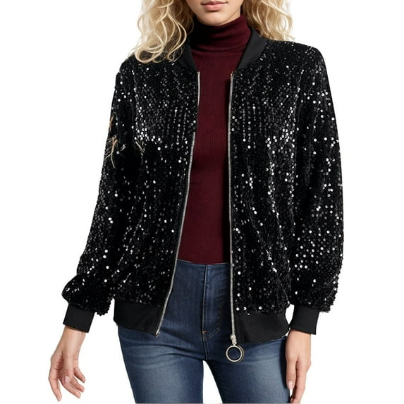 Womens Sequin Jacket Plus Size Sparkle Long Sleeve Jackets Front Zip Loose Blazer Bomber Coat with Pockets (Black L)