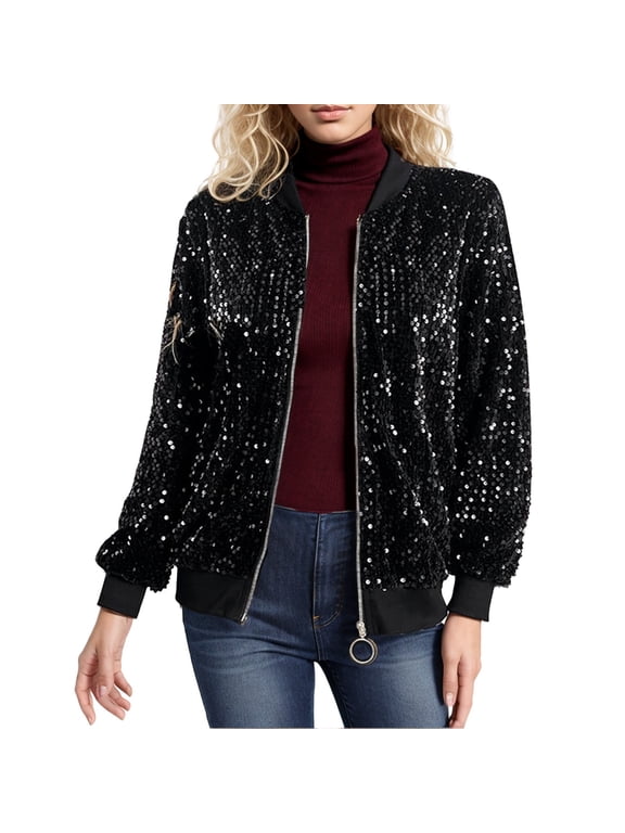 Womens Sequin Jacket Plus Size Sparkle Long Sleeve Jackets Front Zip Loose Blazer Bomber Coat with Pockets (Black M)