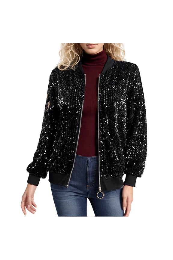 Womens Sequin Jacket Plus Size Sparkle Long Sleeve Jackets Front Zip Loose Blazer Bomber Coat with Pockets (Black S)