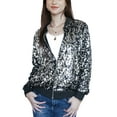 thumbnail image 1 of Womens Sequin Jacket Sparkle Long Sleeve Front Zip Casual Blazer Bomber Jacket With Pockets,Black+silver,Medium, 1 of 5