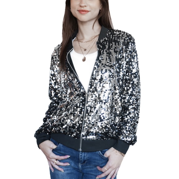 Womens Sequin Jacket Sparkle Long Sleeve Front Zip Casual Blazer Bomber Jacket With Pockets,Black silver,Medium