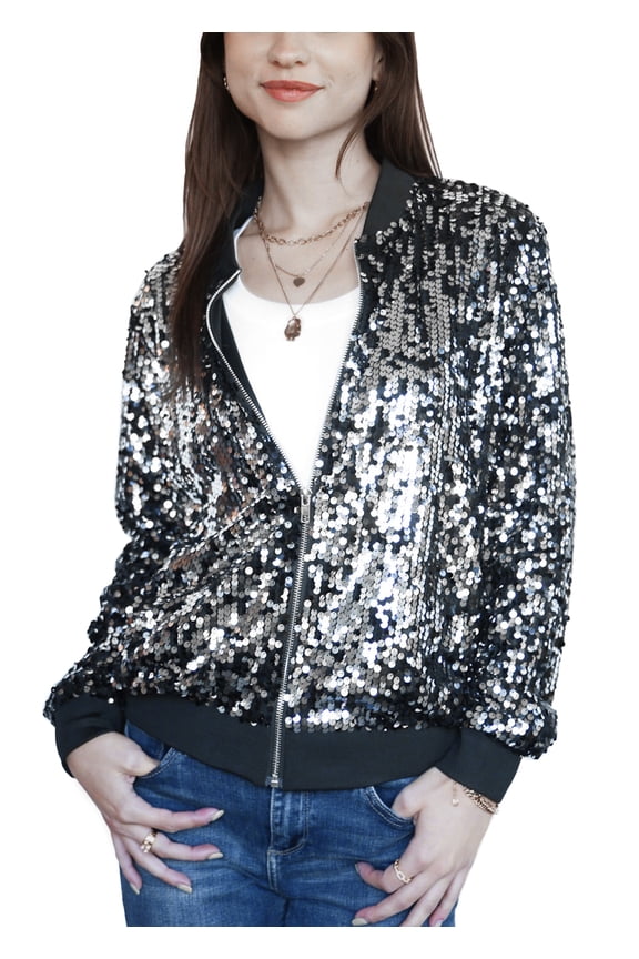 Womens Sequin Jacket Sparkle Long Sleeve Front Zip Casual Blazer Bomber Jacket With Pockets,Black+silver,X-Large
