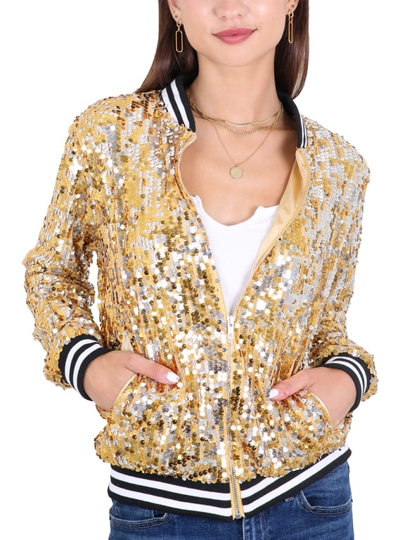 Womens Sequin Jacket Sparkle Long Sleeve Front Zip Casual Blazer Bomber Jacket With Pockets,Gold,XX-Large