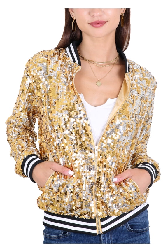 Womens Sequin Jacket Sparkle Long Sleeve Front Zip Casual Blazer Bomber Jacket With Pockets,Gold,XX-Large