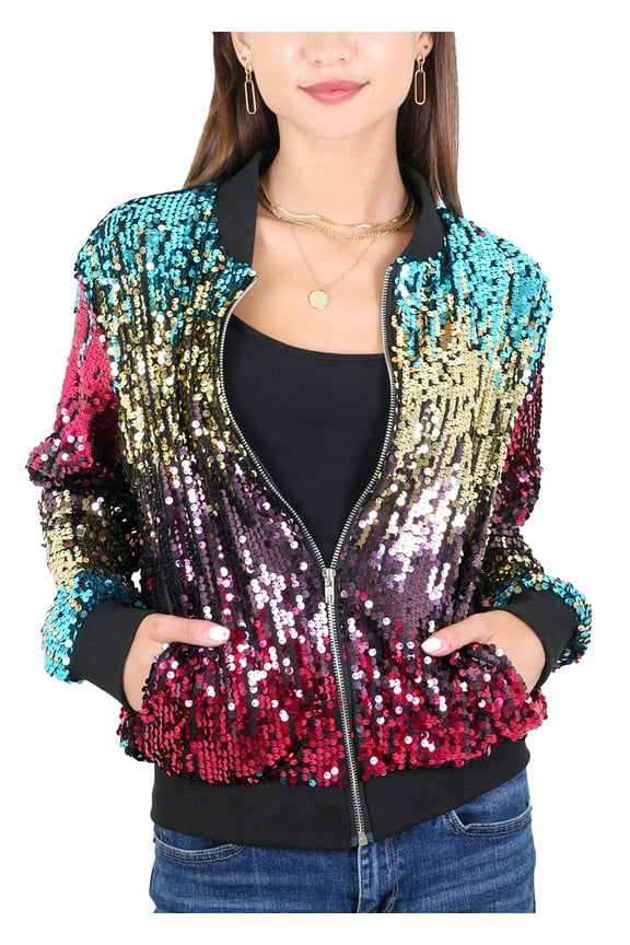 Womens Sequin Jacket Sparkle Long Sleeve Front Zip Casual Blazer Bomber Jacket With Pockets,Gradient Color,Medium