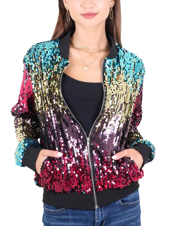 Womens Sequin Jacket Sparkle Long Sleeve Front Zip Casual Blazer Bomber Jacket With Pockets,Gradient Color,XX-Large