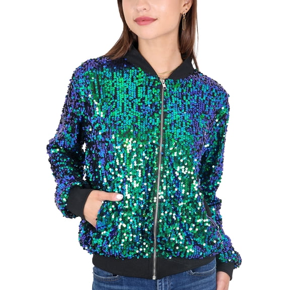 Womens Sequin Jacket Sparkle Long Sleeve Front Zip Casual Blazer Bomber Jacket With Pockets,Mermaid,X-Large