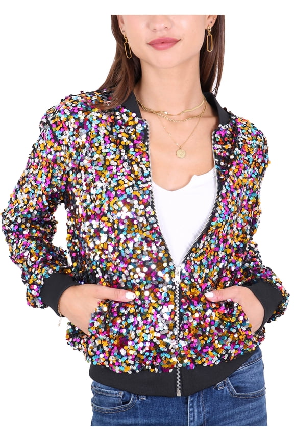 Womens Sequin Jacket Sparkle Long Sleeve Front Zip Casual Blazer Bomber Jacket With Pockets,Multicolor,X-Large