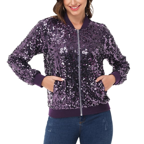 Womens Sequin Jacket Sparkle Long Sleeve Front Zip Casual Blazer Bomber Jacket With Pockets,Purple,XX-Large