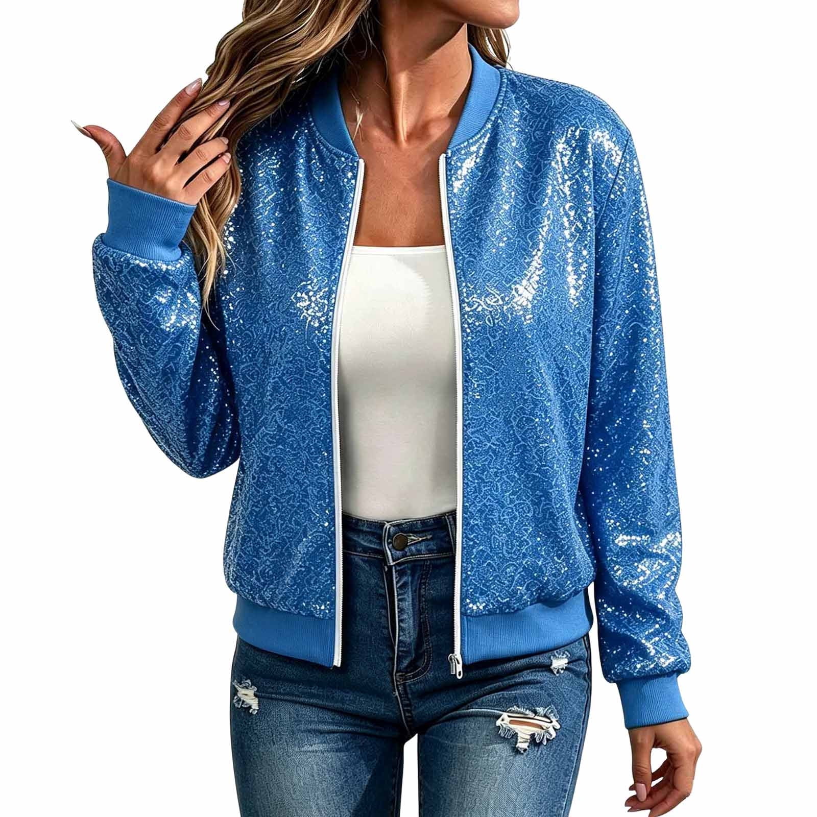 Womens Sequin Jacket Zip Up Crew Neck Long Sleeve Bomber Coat Fall ...