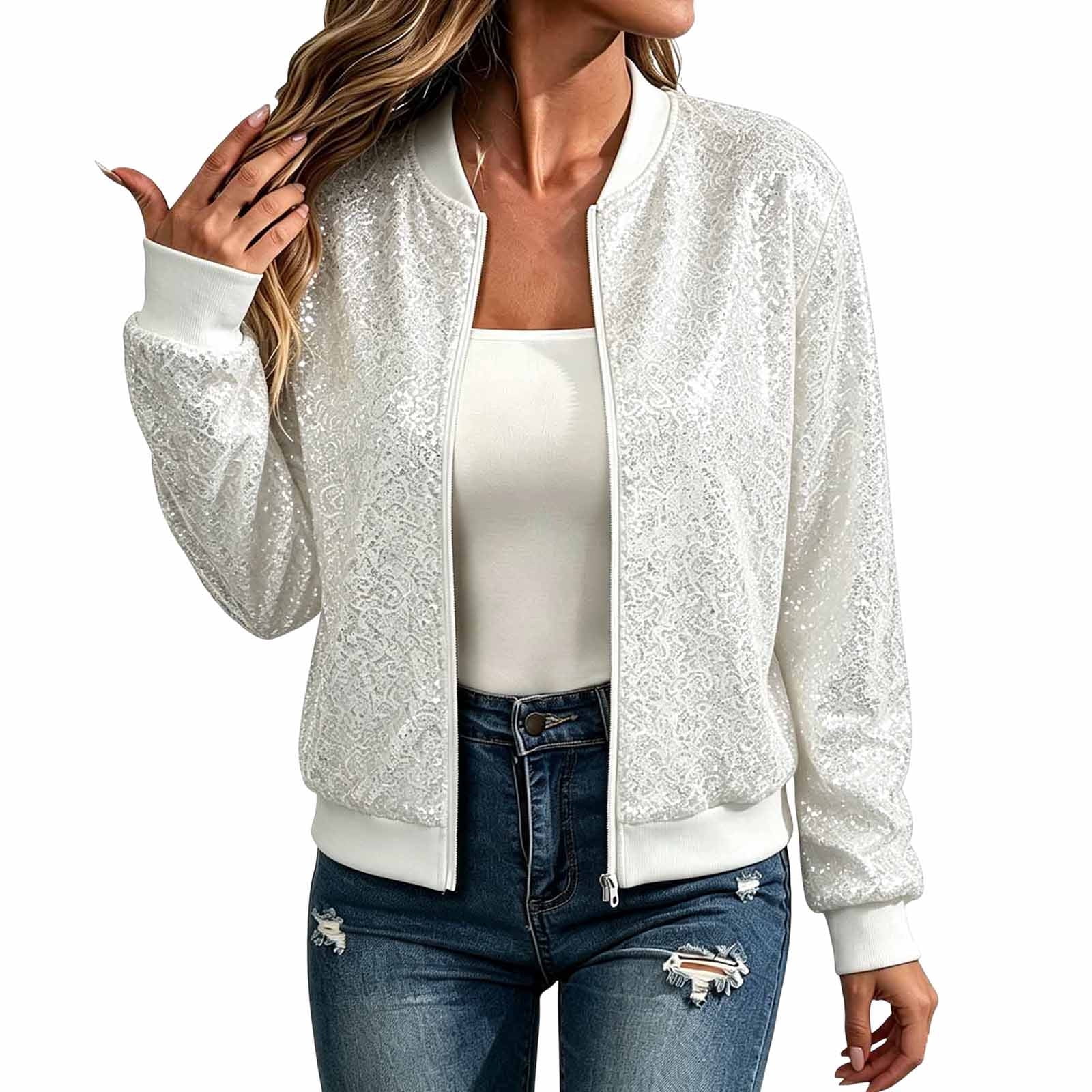 Womens Sequin Jacket Zip Up Crew Neck Long Sleeve Bomber Coat Fall ...