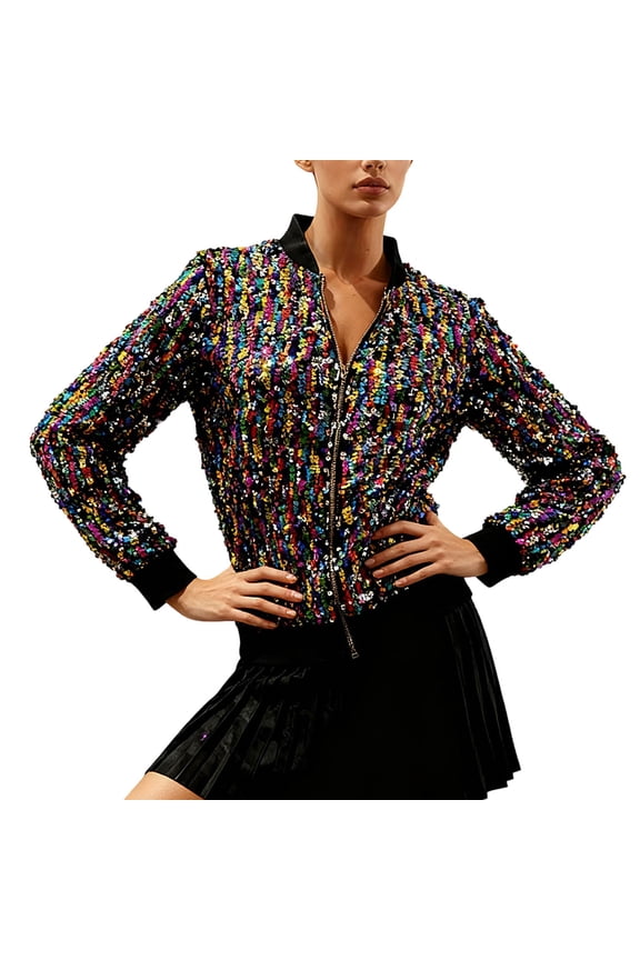 Womens Sequin Jacket with Pockets Casual Long Sleeve Front Zip Party Bomber Blazer
