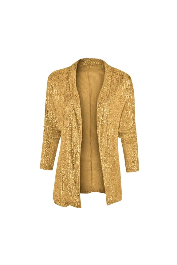 Womens Sequin Jackets Solid Color Open Front Casual Loose Long Sleeve Collar Lapel Sparkly Cardigan Coat With Pockets,Gold,2XL