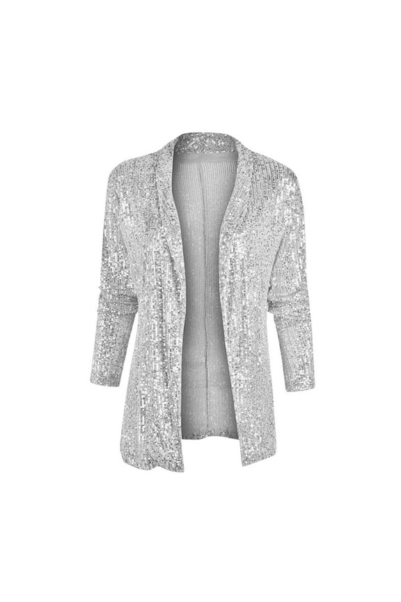 Womens Sequin Jackets Solid Color Open Front Casual Loose Long Sleeve Collar Lapel Sparkly Cardigan Coat With Pockets,Silver,L