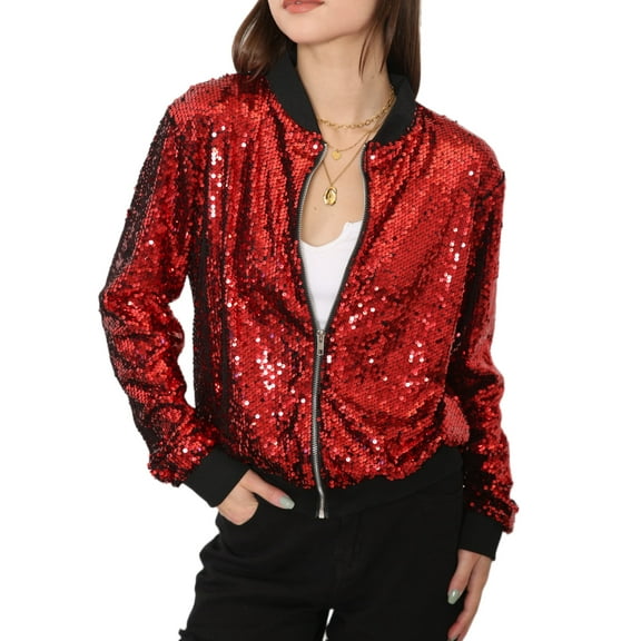 Womens Sequin Long Sleeve Front Zip Jacket with Ribbed Cuffs, Burgundy, Medium